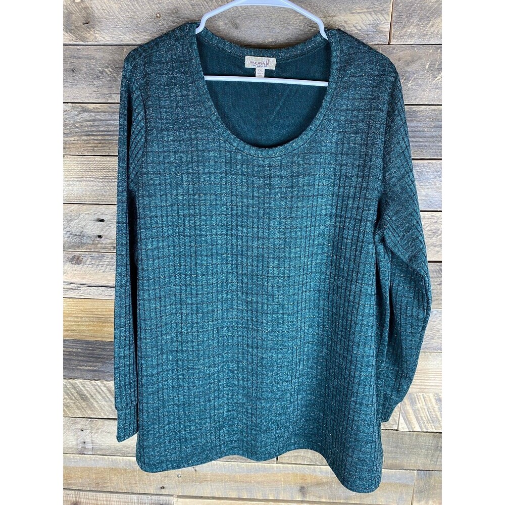 One World Women's Top Plus Size XXL Green Metallic Knit Top